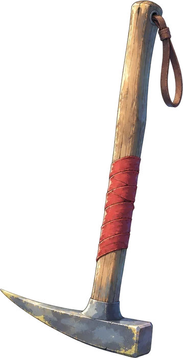 Palu geologi tua bergagang kayu dengan lilitan pita merah dan kepala baja yang berdebu belerang.