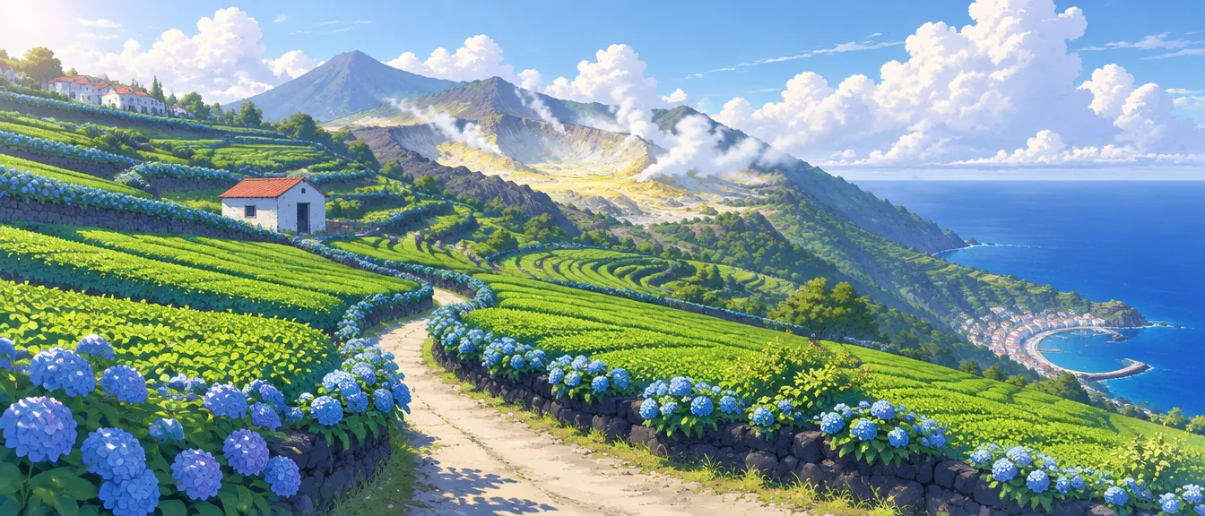 Panorama kebun teh bertingkat dengan pagar batu lava dan hortensia biru, jalan tanah berkelok, gudang pengering beratap merah, kawah belerang beruap di lereng atas, dan laut di kanan bawah.